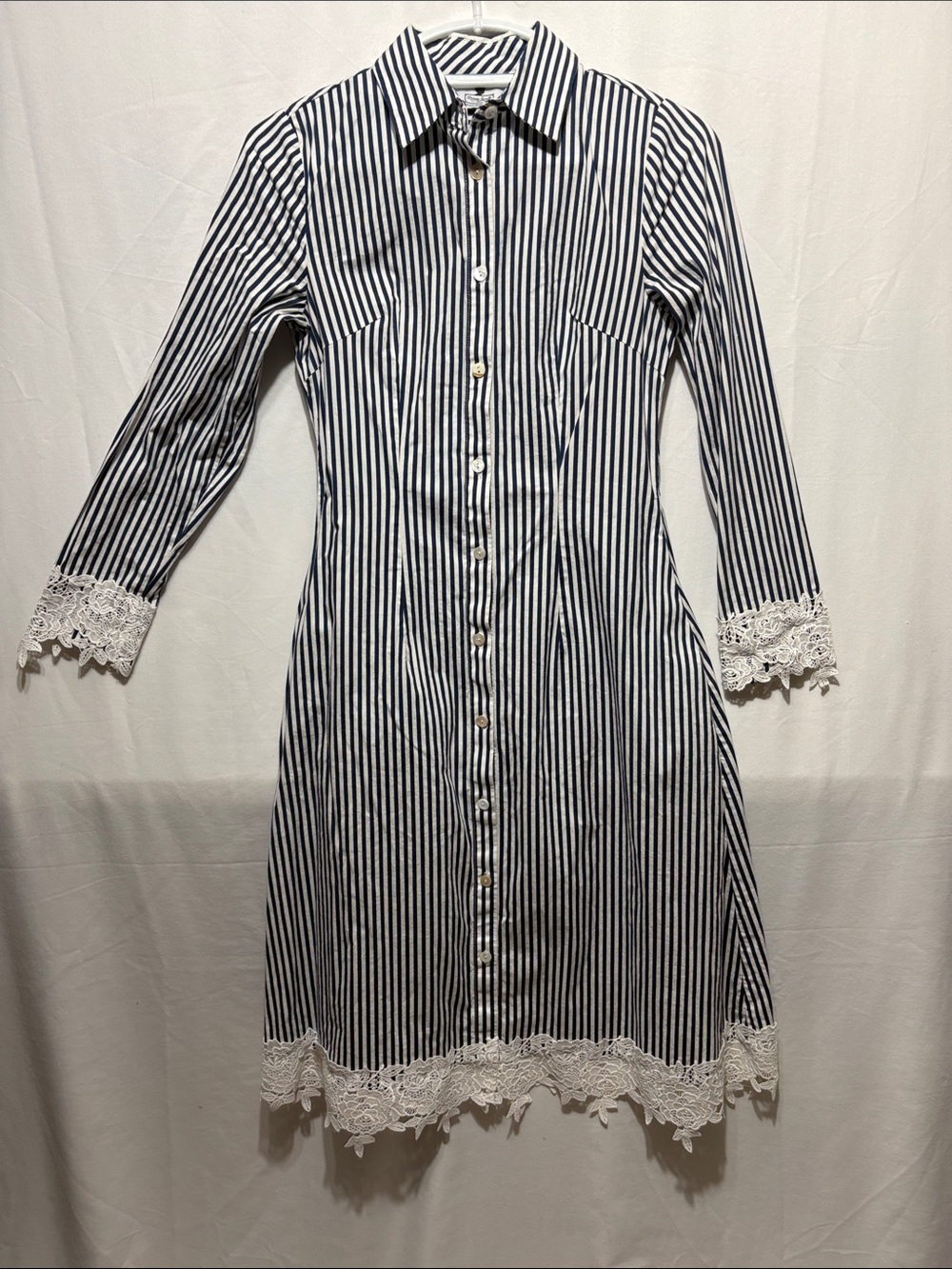 Dainty Jewells Navy & White Striped Lace-Trim Shirt Dress